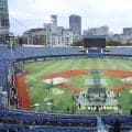 日本シリーズ第２戦は雨の中、試合開始準備着々　ブルーシートがはがされる