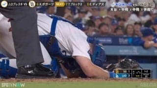これは痛い…ドジャース戦でキャッチャーが“悶絶”「モロに当たりましたね」敵も味方も審判も“男子全員”が思わず心配の一部始終