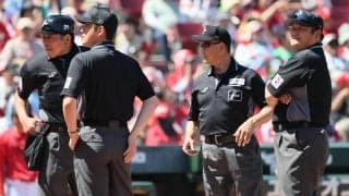 マツダスタジアムでの広島－ヤクルト戦で審判がヘルメットや帽子に「29」川上拓斗審判員の番号