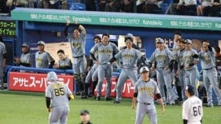 阪神　嶋村麟士朗を祝福するベンチの光景が胸アツ　森下が最前列で絶叫ポーズ！伏見が最高の笑みで讃える　代打でプロ初アーチ