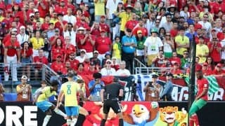 「エグすぎん？」衝撃の“101キロ爆速弾”！ブラジル代表FWヴィニシウス、相手DFを翻弄→強烈シュート炸裂「こんなん止められない」