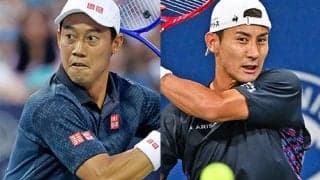  錦織圭と島袋将 試合会場で練習 
