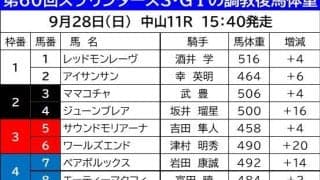 【スプリンターズＳ】Ｇ１好走馬が調教後馬体重で２０キロのボリュームアップ　昨年の２着馬も２ケタ増